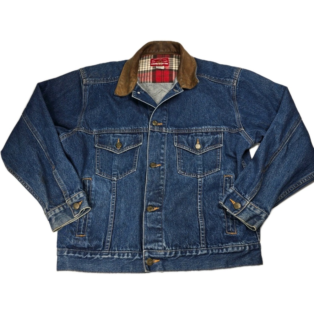 Marlboro Country Store Mens Denim Jacket Brown Leather Collar Plaid Lined Size S